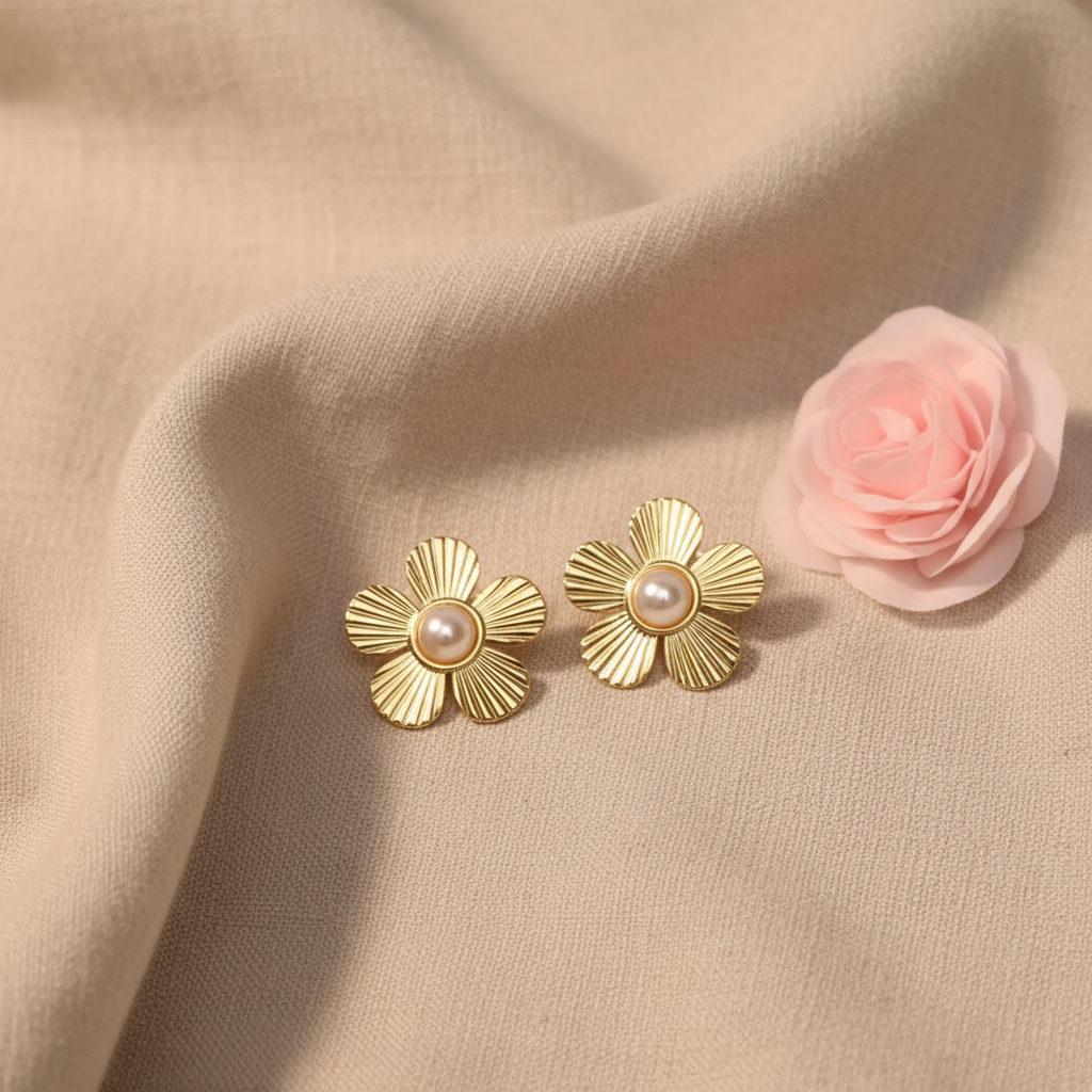 Boucles d'Oreilles Clou Acier Inoxydable Doré Fleur Perle Blanche - Rêve de Rose