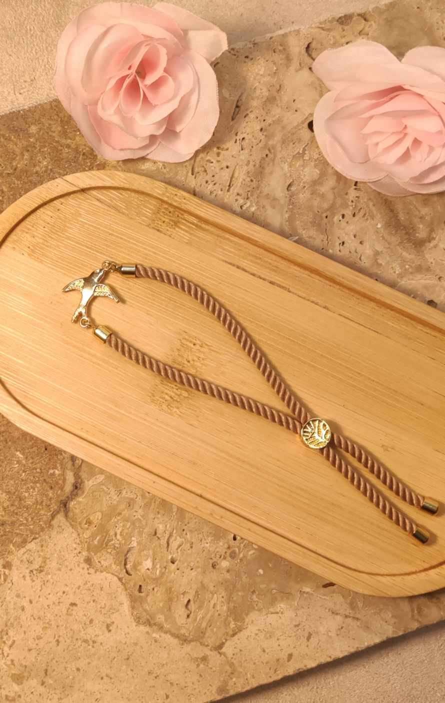 Bracelet Cordon Chocolat Hirondelle Dorée - Réglable - Rêve de Rose