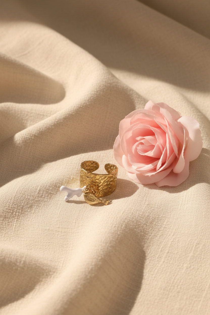 Bague Large Ajustable Charm Oiseau et Algue Blanche - Rêve de Rose