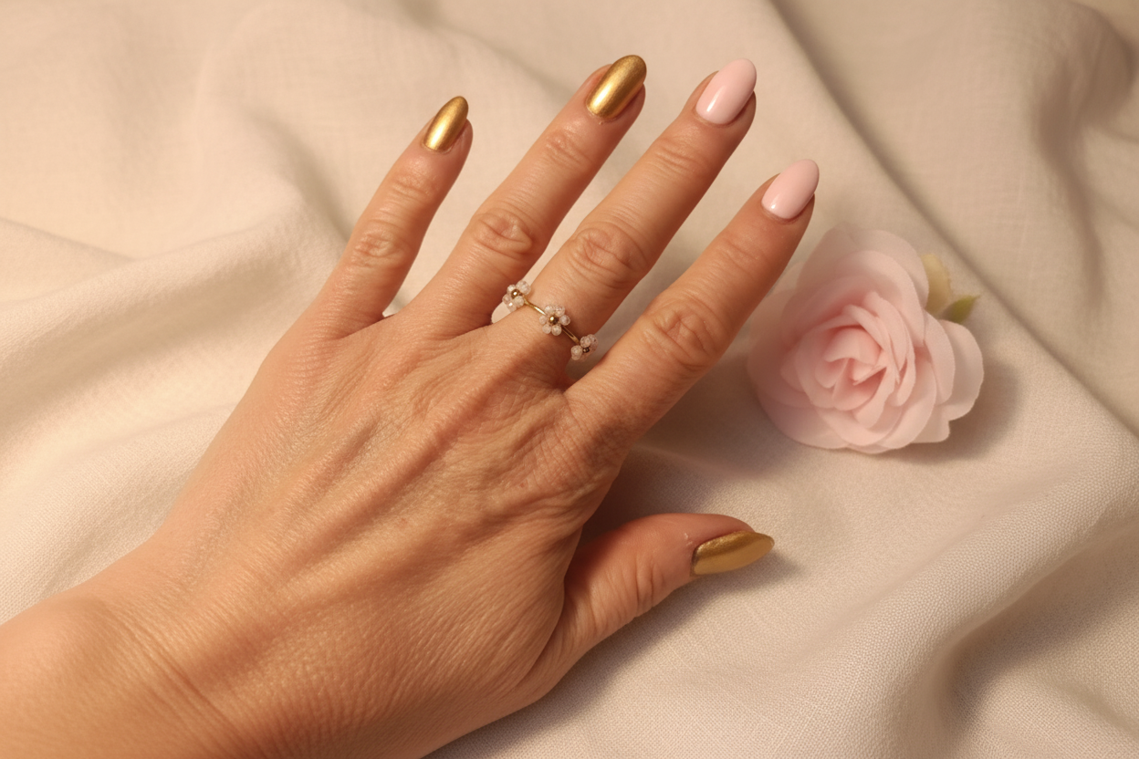 Femme portant Bague Ajustable Fine 3 Fleurs Blanches - Rêve de Rose