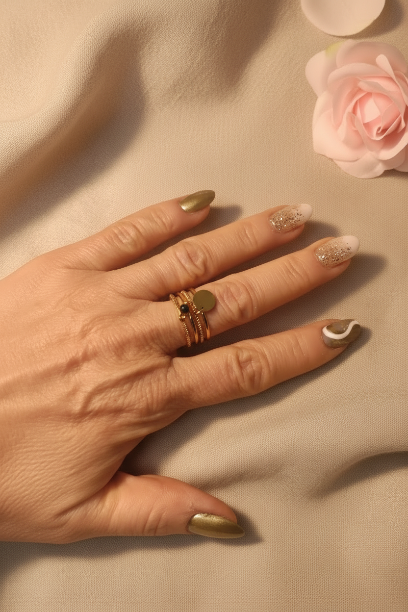 Femme portant Bague 4 Anneaux Fins Charms Pièce et Pierre Noire - Rêve de Rose
