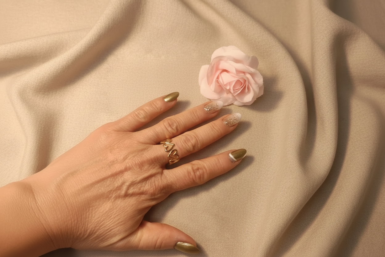 Femme portant Bague Anneau Cœur Dorée en Acier Inoxydable - Rêve de Rose