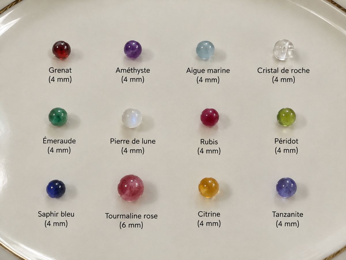 Nuancier des 12 pierres de naissance : grenat, améthyste, aigue-marine, cristal de roche, émeraude, pierre de lune, rubis, péridot, saphir bleu, tourmaline rose, citrine et tanzanite. 