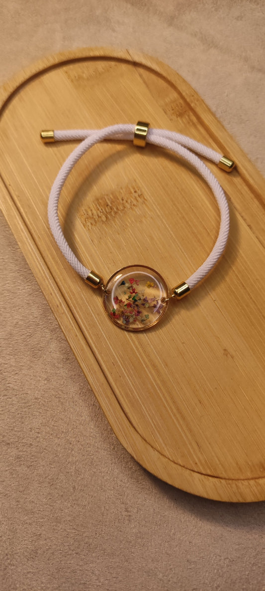 Bracelet Cordon Blanc Médaillon Résine Fleurs Colorées - Rêve de Rose