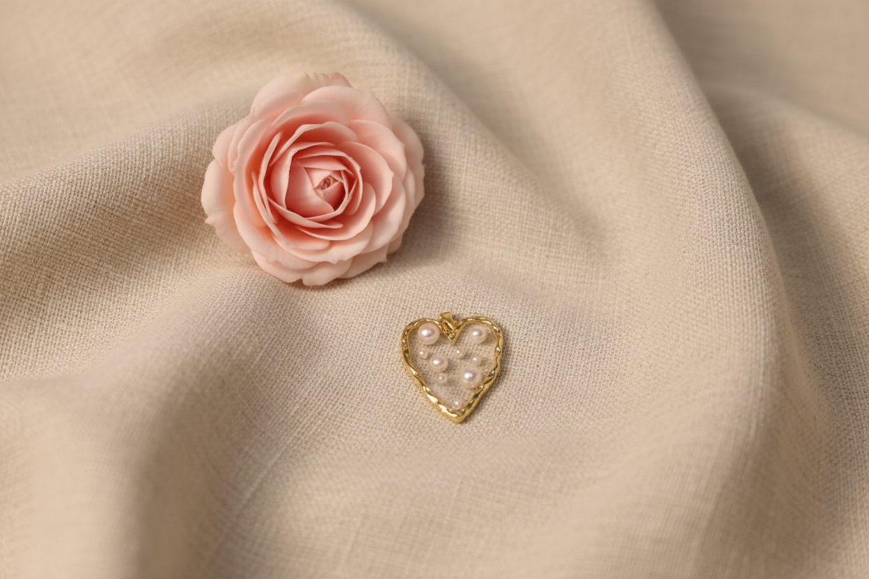 Charm Cœur Doré 3,5 cm avec Perles Blanches - Rêve de Rose