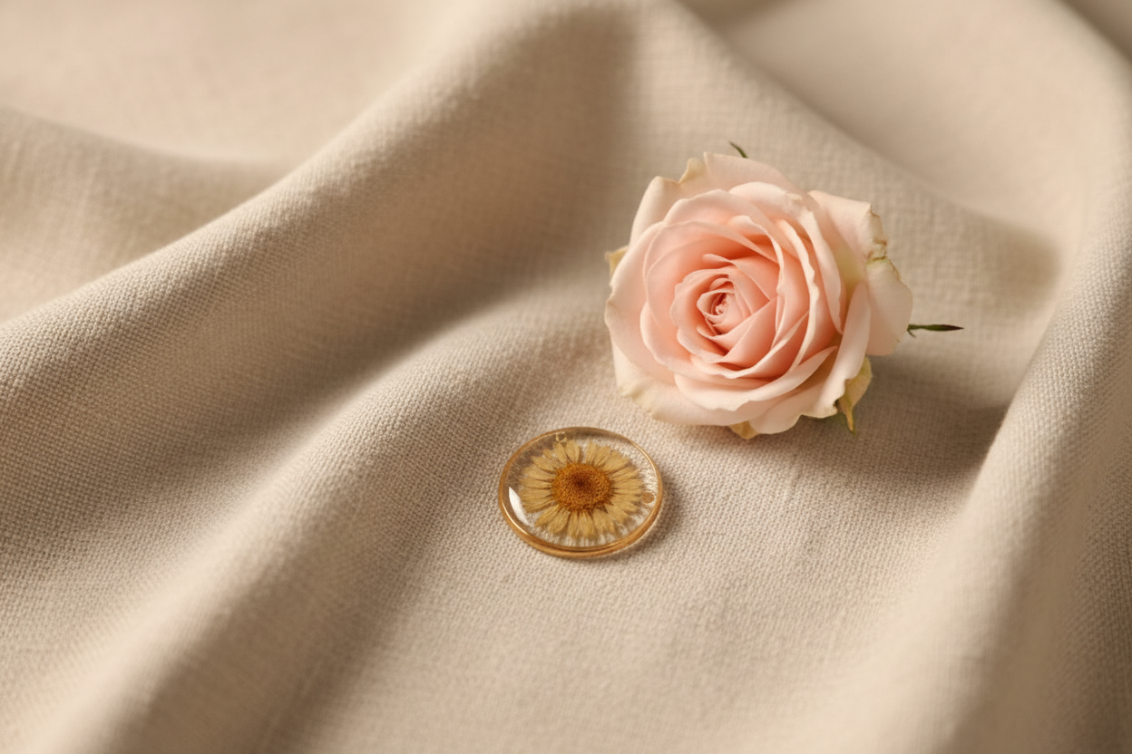Charm Connecteur Rond en Résine avec Fleur séchée - Rêve de Rose