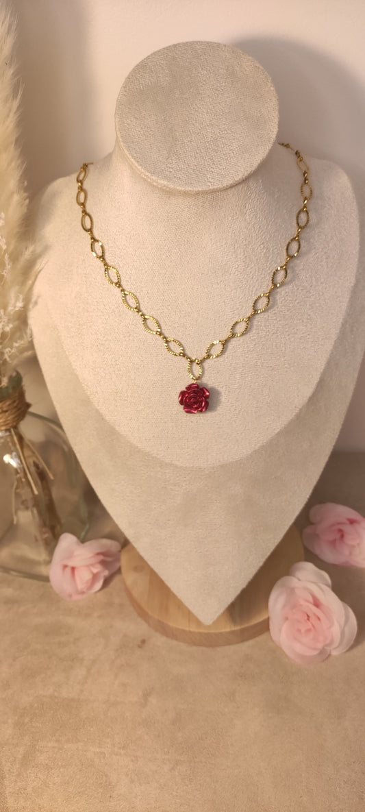 Collier Acier Inoxydable Doré avec Charm Rose Rouge et Arbre de Vie - Rêve de Rose