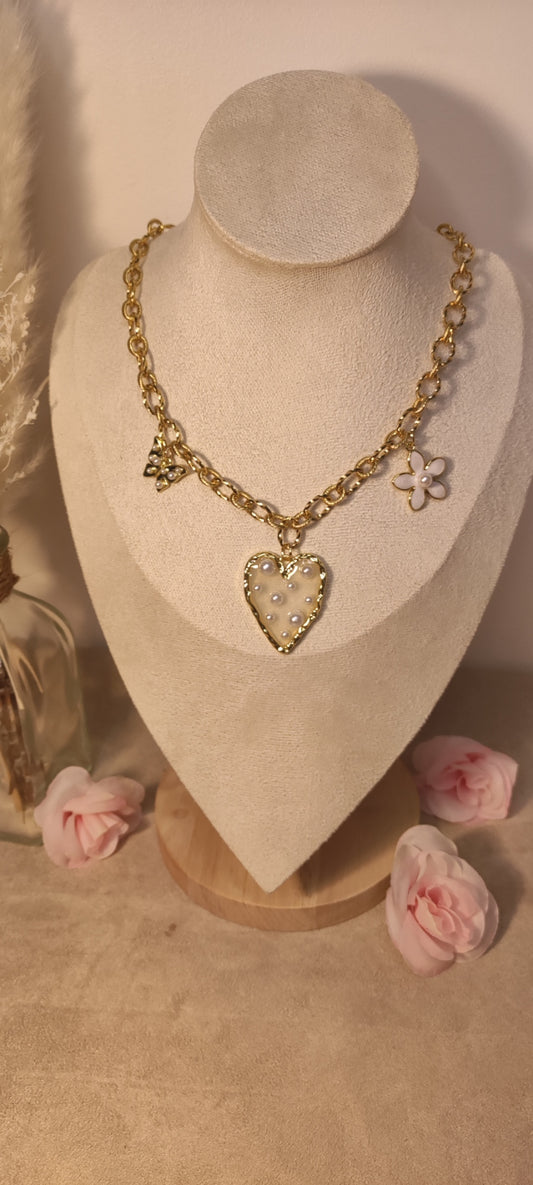 Collier Maillons Travaillés Doré 3 Charms Cœur Fleur Papillon - Rêve de Rose