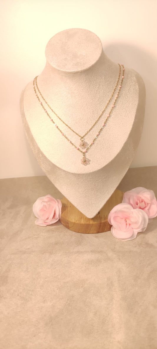 Collier Double Chaînes Dorées Perles et Fleurs Rose Pastel - Rêve de Rose