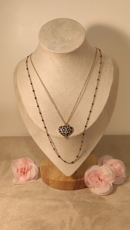 Collier Double Chaînes Dorées Perles Noires et Cœur Léopard - Rêve de Rose