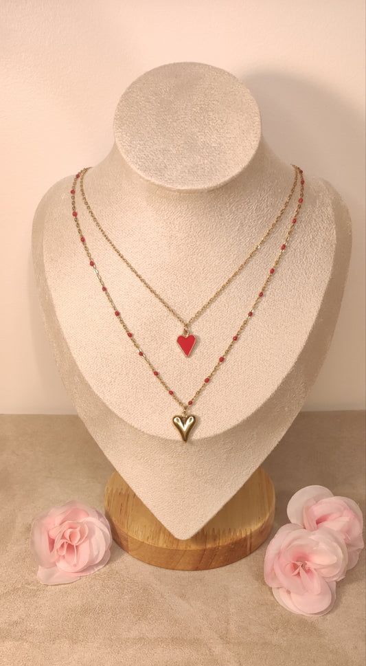 Collier Double Chaînes Dorées Cœurs Rouges et Perles - Rêve de Rose