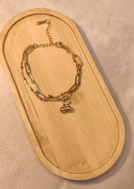 Bracelet Double Chaînes Dorées Perles Rouges et Cerises - Rêve de Rose