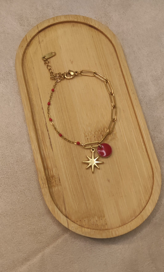 Bracelet Maillons Mixtes Perles Rouges Étoile et Pièce Dorée - Rêve de Rose