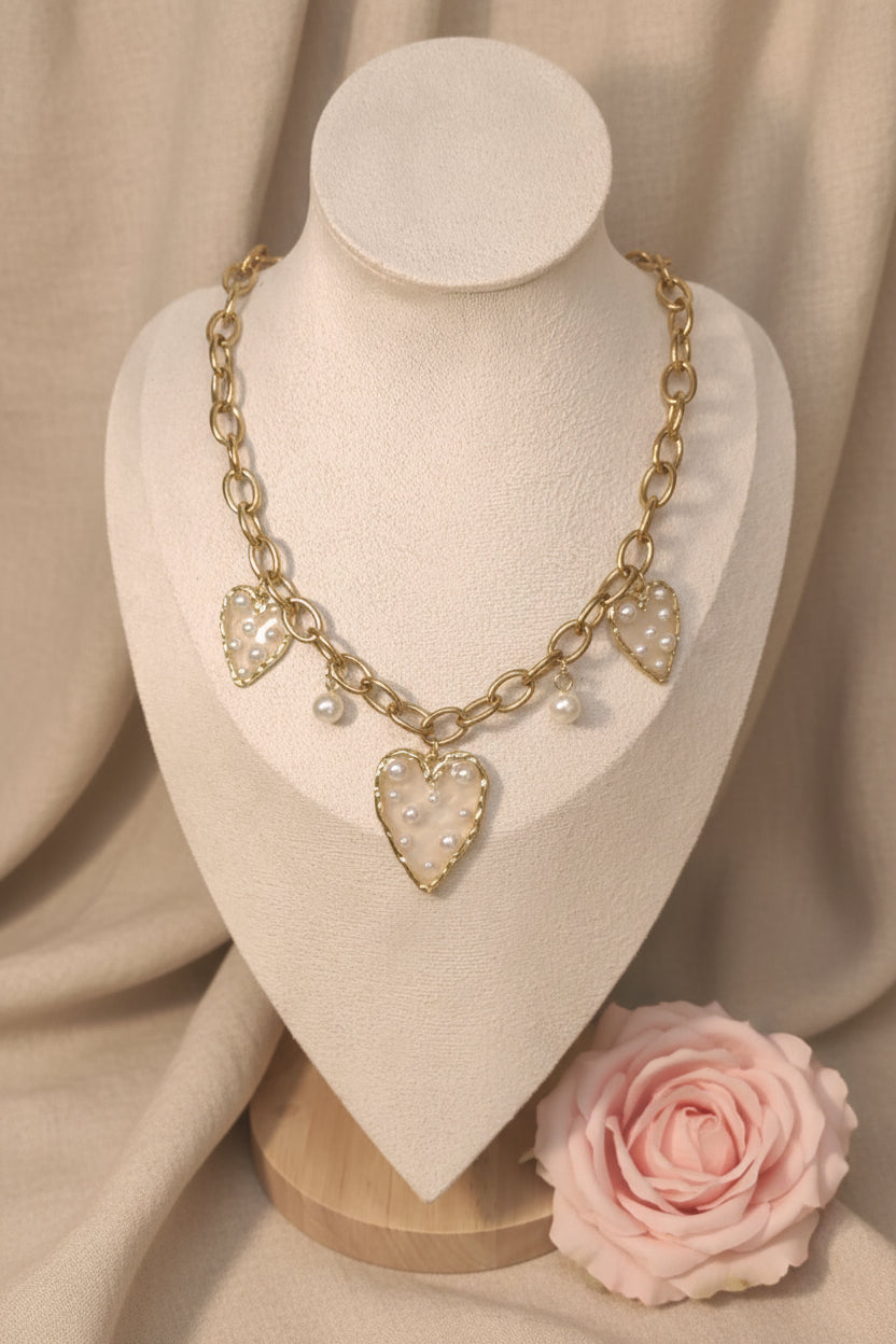 Collier gros maillons dorés cœurs perles blanches acier inoxydable - Rêve de Rose