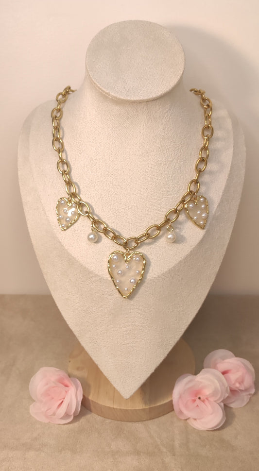 Collier Gros Maillons Dorés Cœurs et Perles Blanches - Rêve de Rose