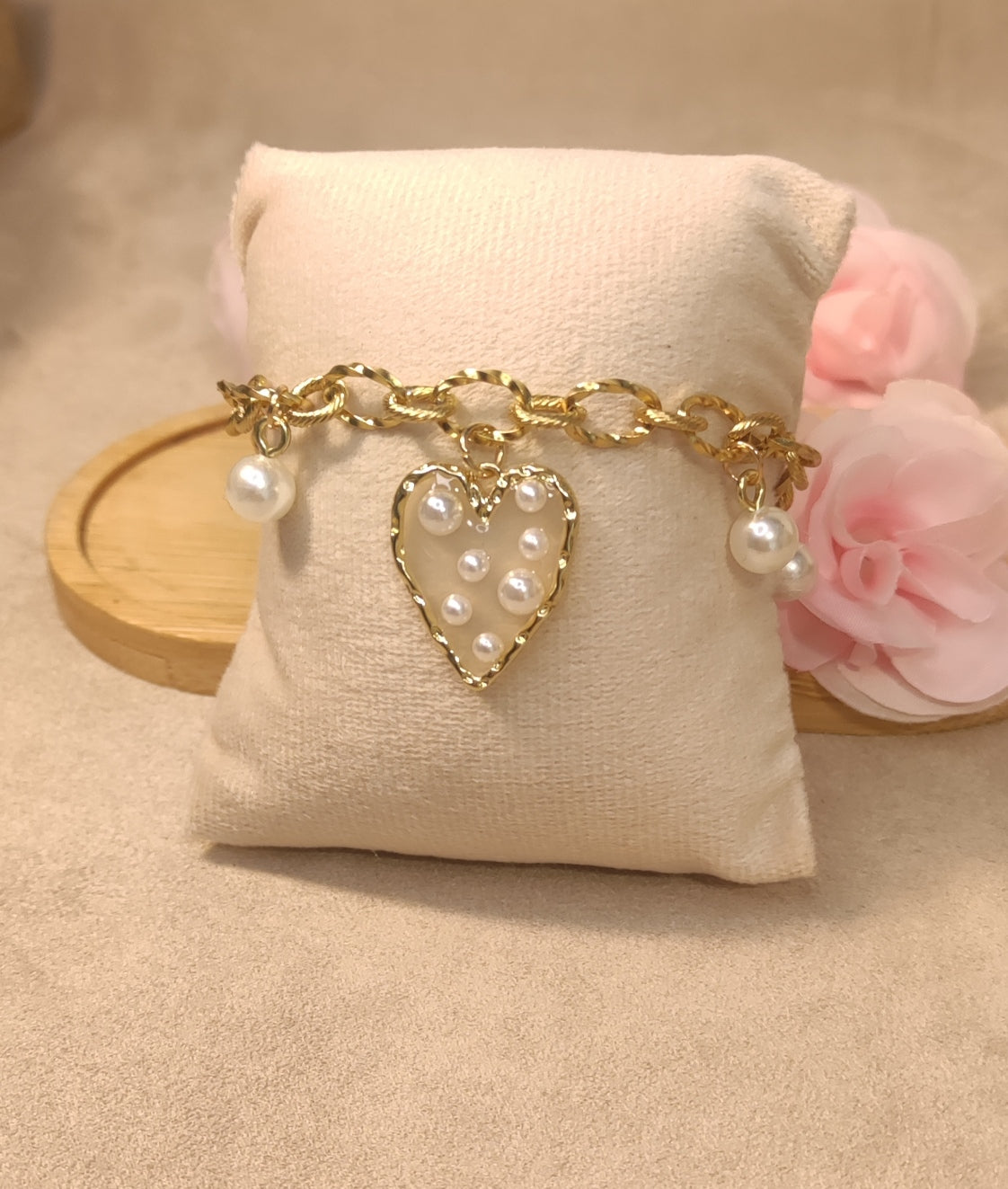 Bracelet Fermoir Bascule Maillons Travaillés Cœur Perles Blanches - Rêve de Rose