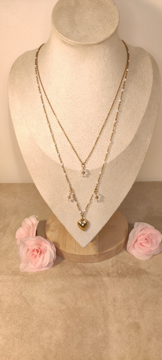 Collier Double Chaînes Dorées Perles Blanches Fleurs et Cœur - Rêve de Rose