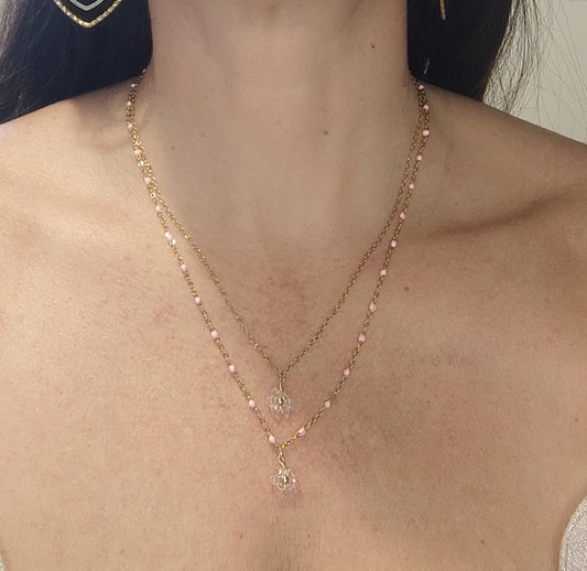 Collier Double Chaînes Dorées Perles et Fleurs Rose Pastel - Rêve de Rose