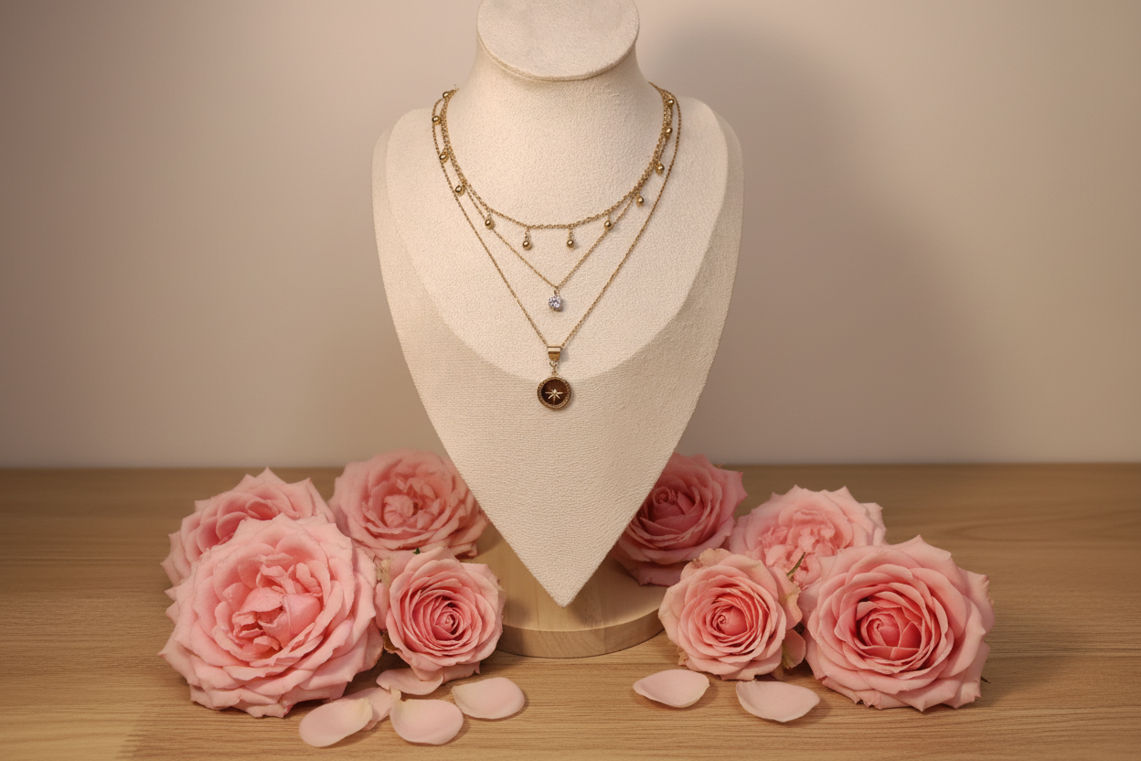 Collier triple chaîne avec petites perles dorées pendantes, un pendentif pierre scintillante et un pendentif rond avec une étoile scintillante - Rêve de Rose