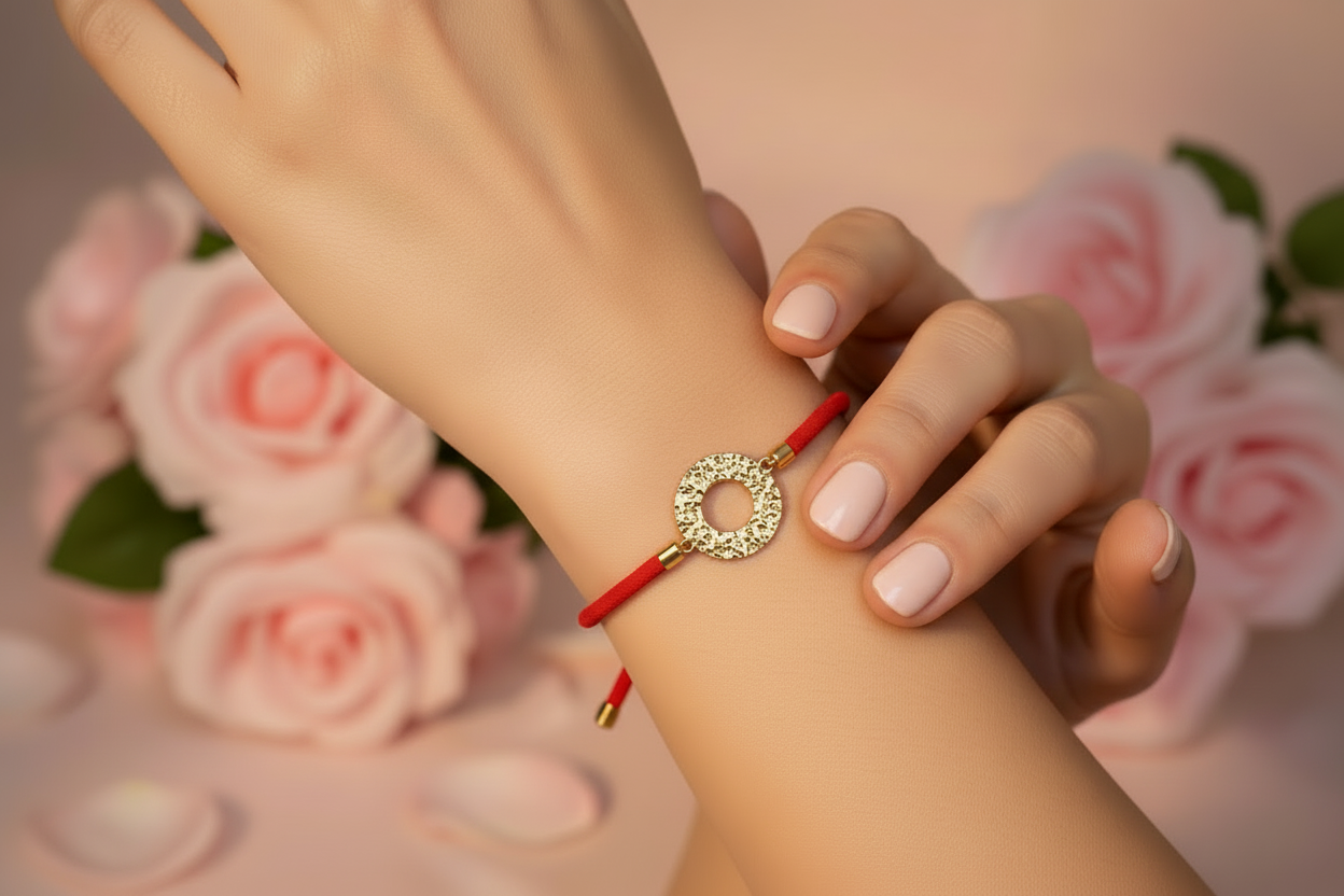 Femme portant un bracelet cordon rouge avec cercle doré martelé - Rêve de Rose