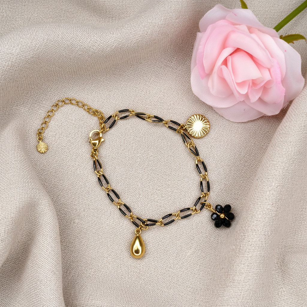 Bracelet chaîne noire et dorée avec charm fleur noire et 2 charms dorés - Rêve de Rose