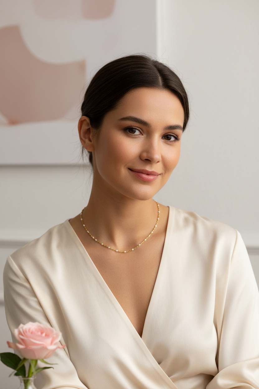 Collier Chaîne Fine Dorée Perles Blanches Personnalisable - Rêve de Rose