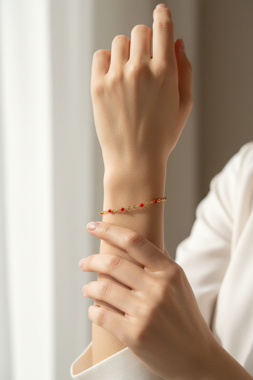 Bracelet Chaîne Fine Dorée Perles Rouges Personnalisable - Rêve de Rose