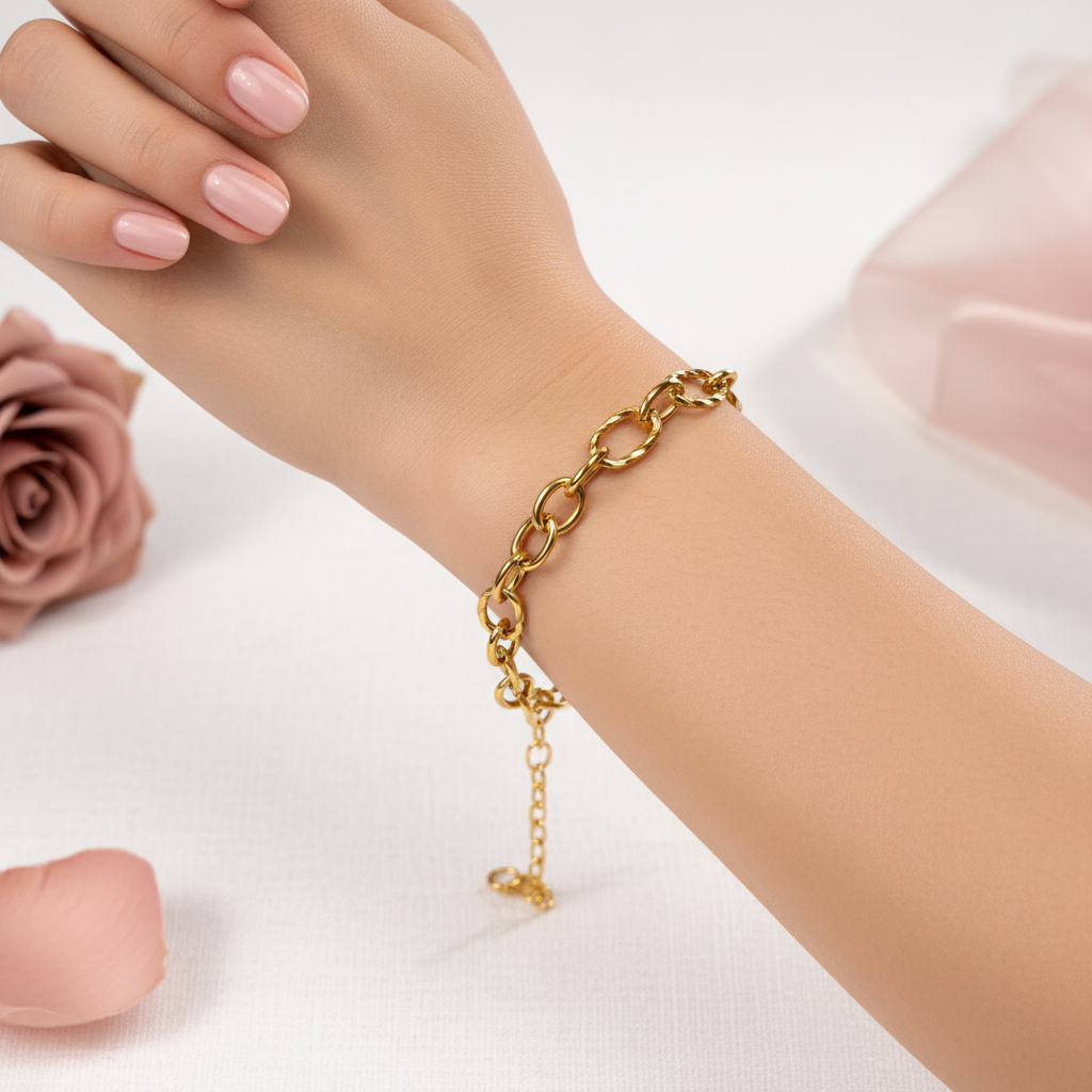 Bracelet Chaîne Maillons Ronds Martelés Dorés Personnalisable - Rêve de Rose