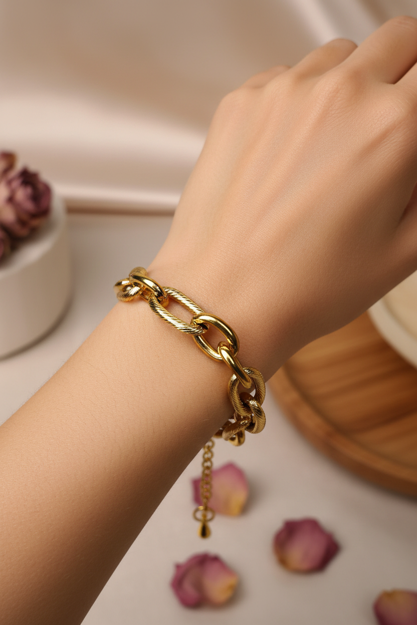 Bracelet Chaîne Maillons Ovales Texturés Dorés Personnalisable - Rêve de Rose