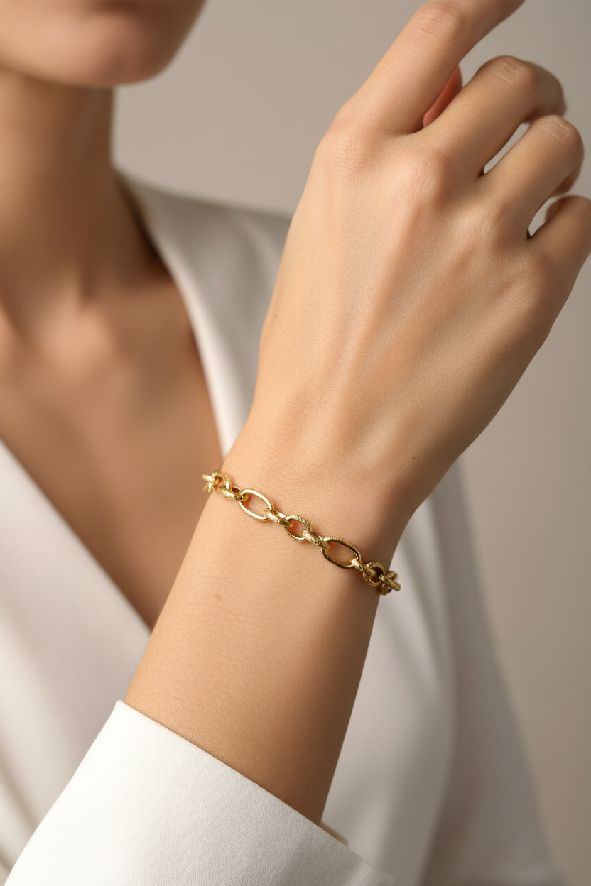 Bracelet Chaîne Maillons Ovales Texturés Dorés Personnalisable - Rêve de Rose