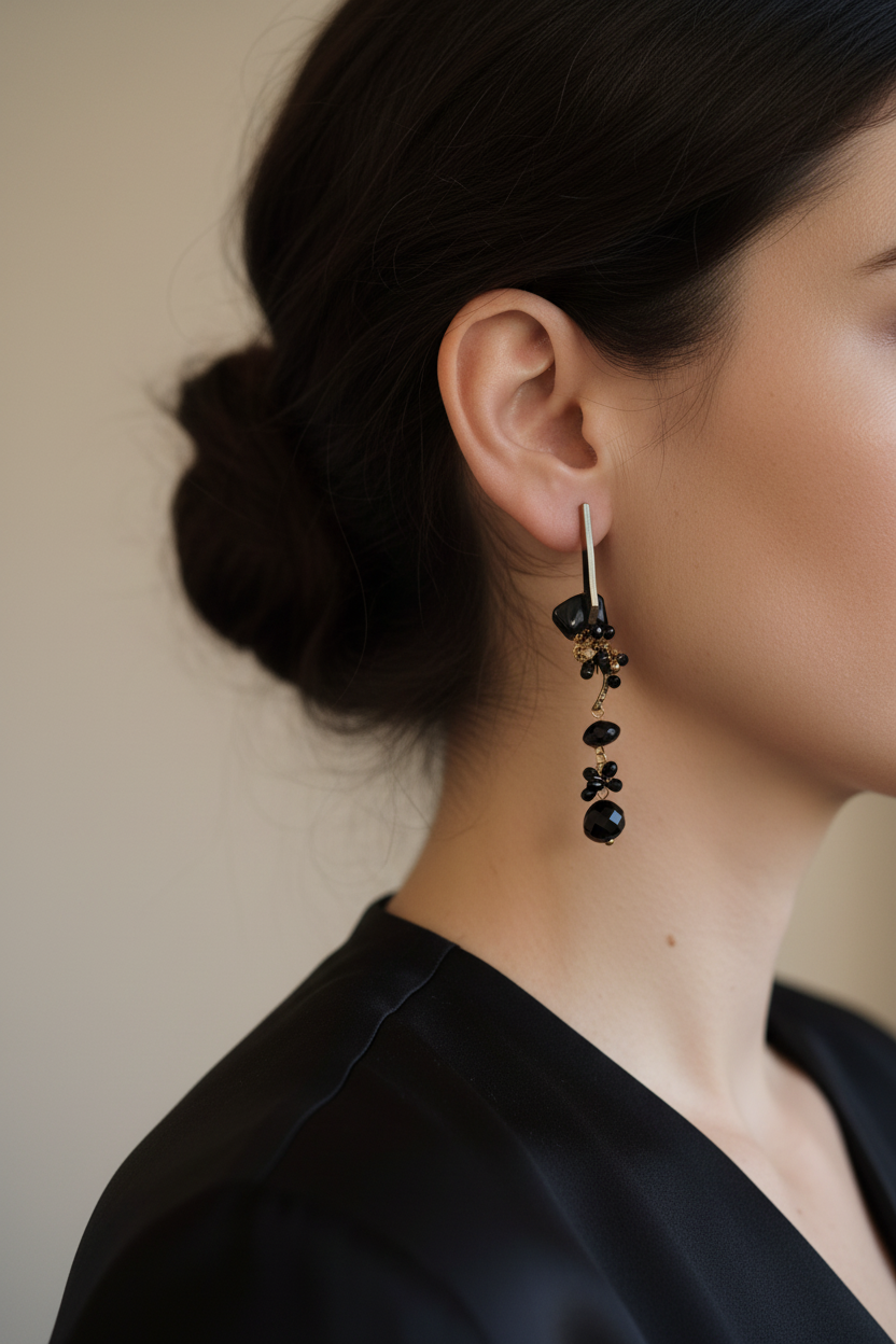 Boucles d'Oreilles Pendantes Pierres Noires - Rêve de Rose