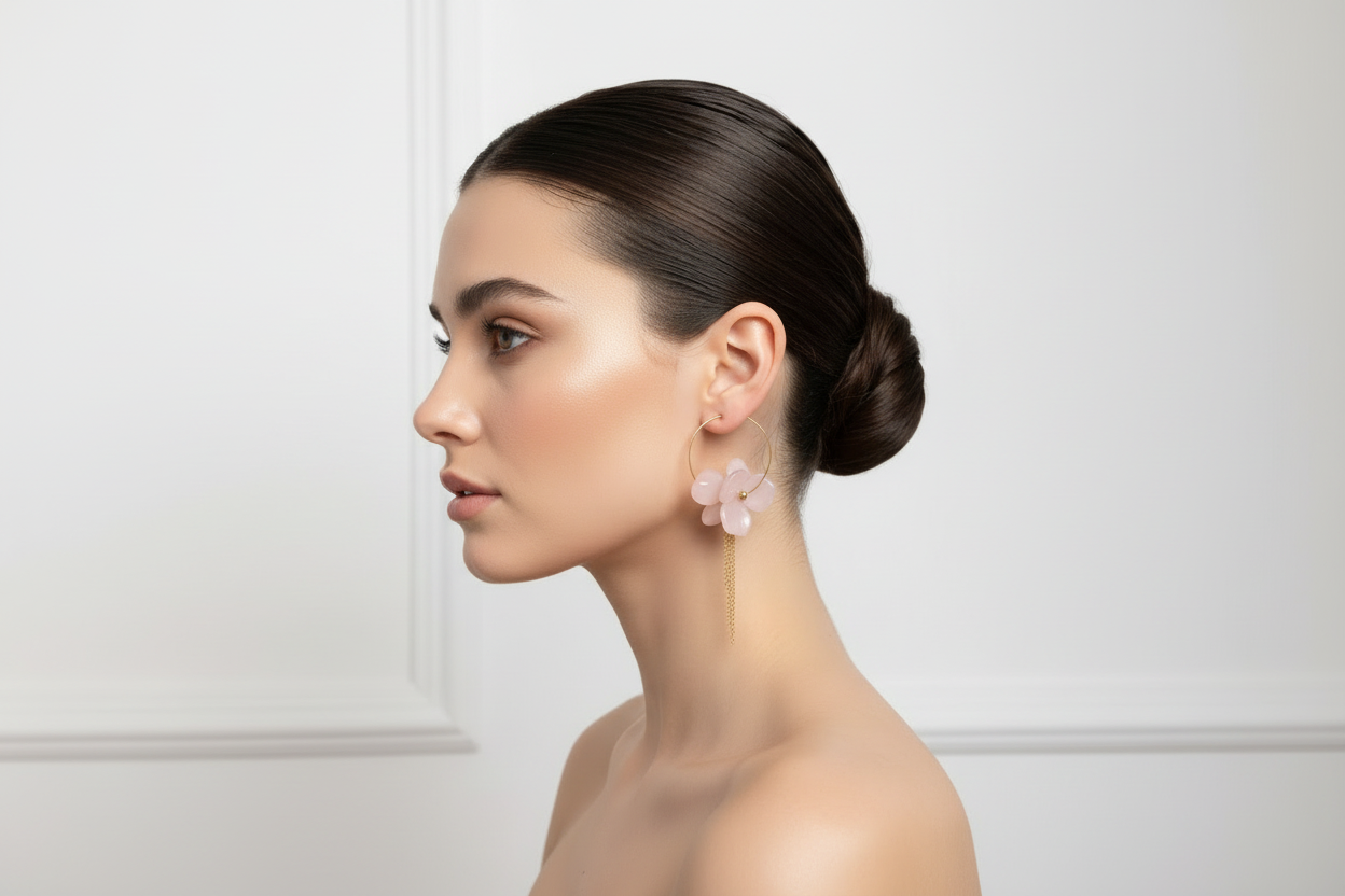 Boucles d'Oreilles Anneau Dorées Fleur Rose Résine - Rêve de Rose