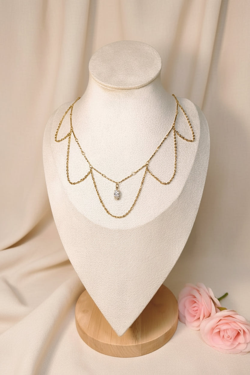 Collier double chaîne en fleur avec pierre scintillante ovale - Rêve de Rose