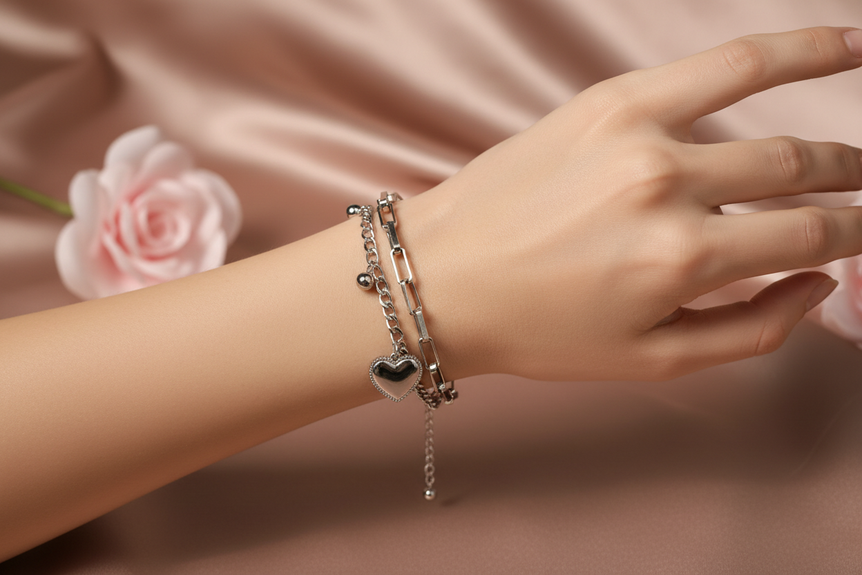 Bracelet Double Chaîne Argenté Breloques Cœurs - Rêve de Rose