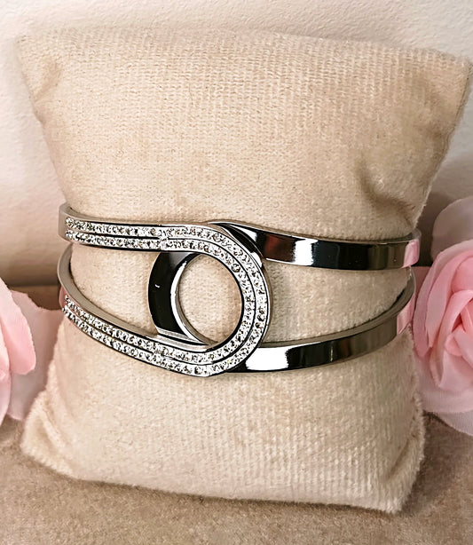 Jonc Double Argenté Cercle Pavé Cristaux - Rêve de Rose