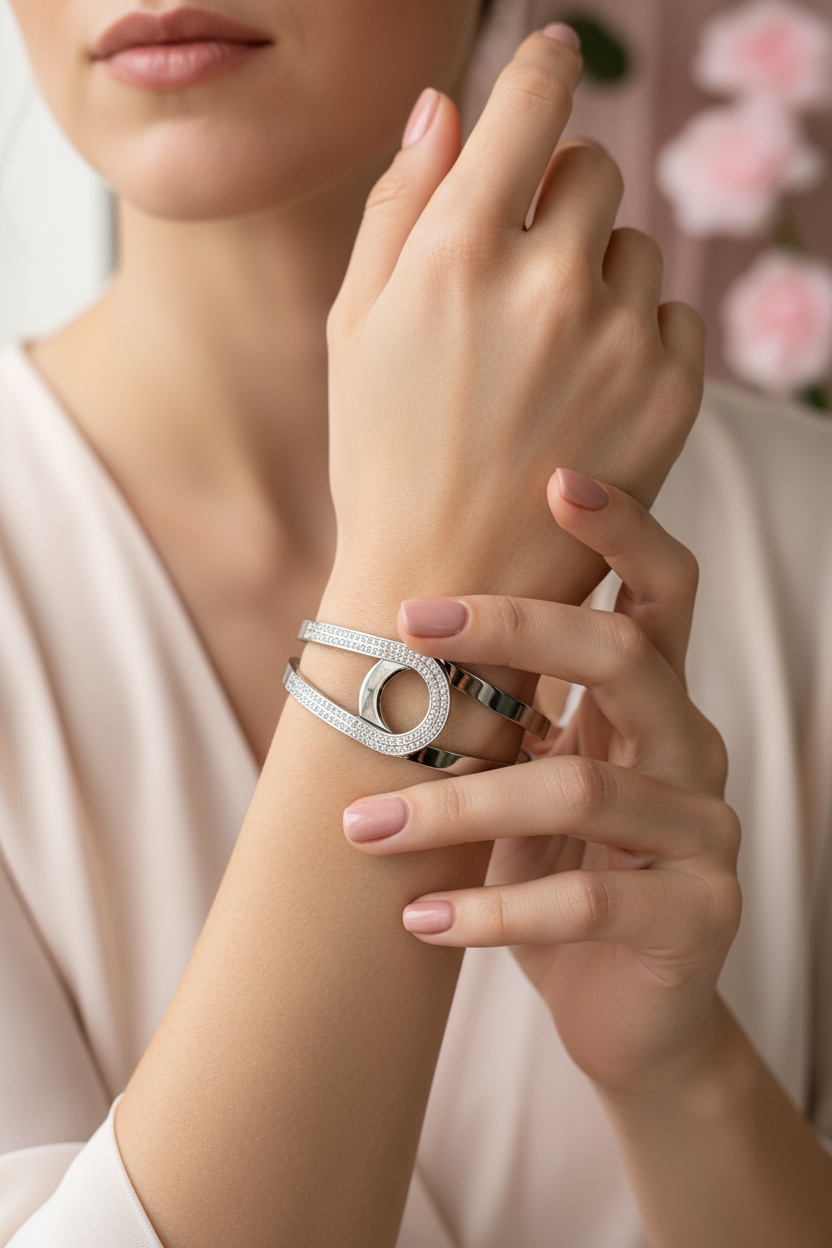 Jonc Double Argenté Cercle Pavé Cristaux - Rêve de Rose