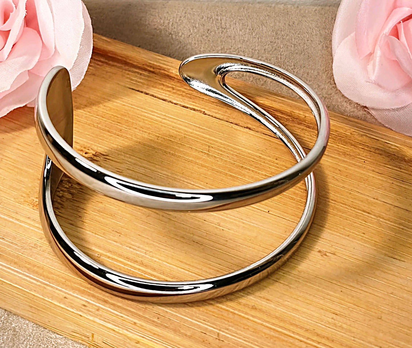 Jonc Double Argenté Ouvert Minimaliste - Rêve de Rose