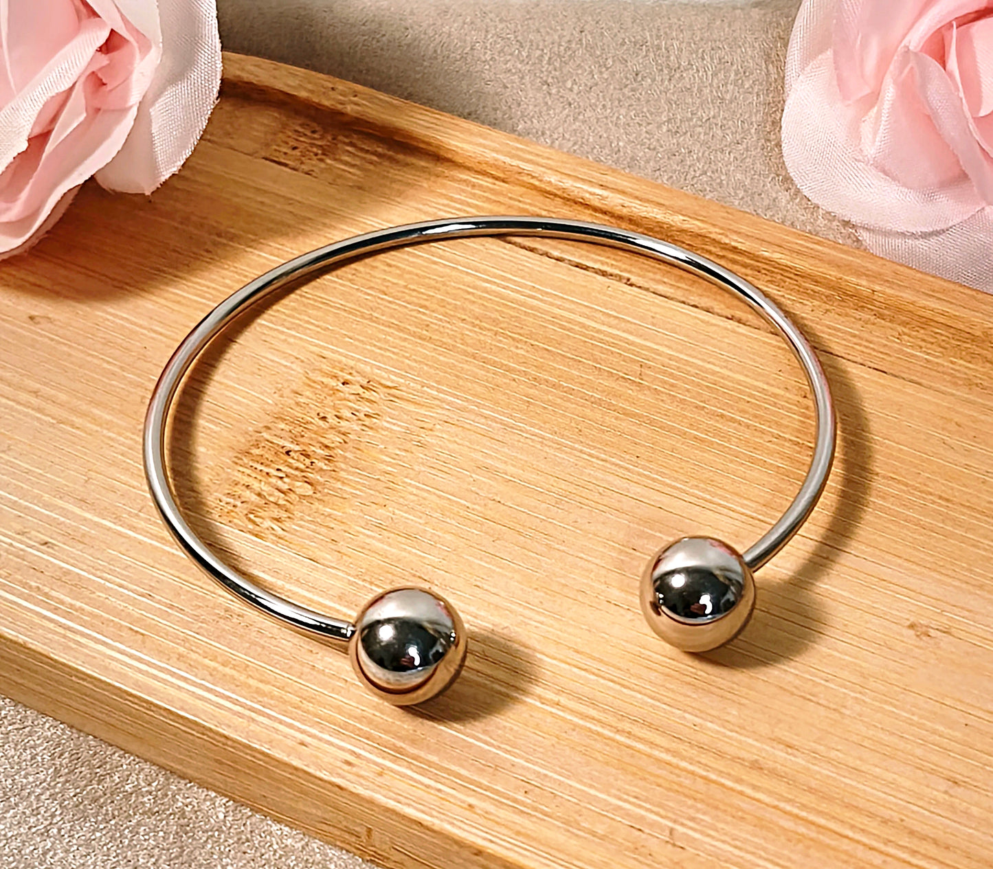 Jonc Ouvert Argenté Boules - Bracelet Rigide Minimaliste - Rêve de Rose