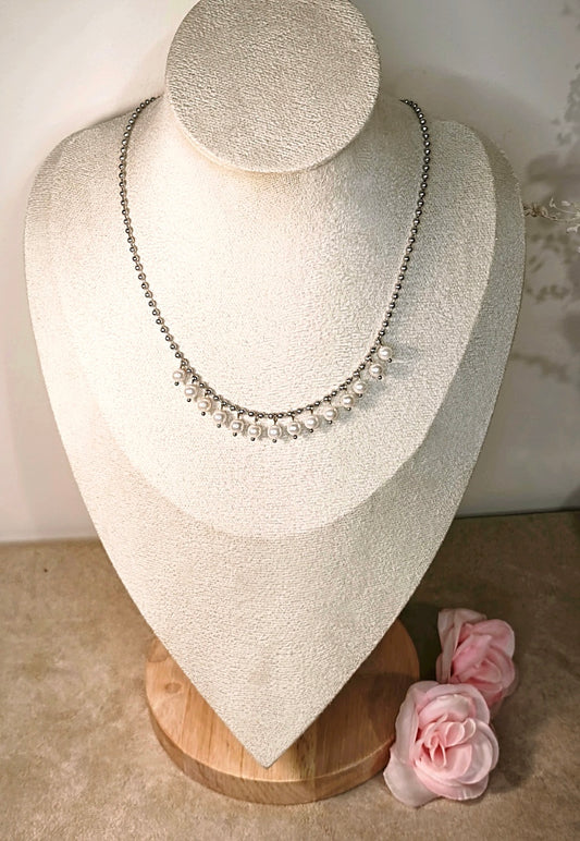 Collier Chaîne Argenté Perles Cristaux Pendantes - Rêve de Rose