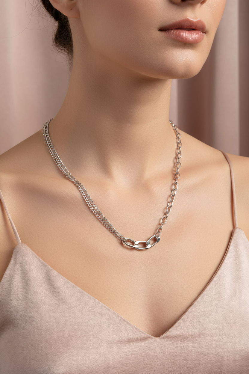 Collier Acier Inoxydable Double Chaîne Maillons Mixtes - Rêve de Rose