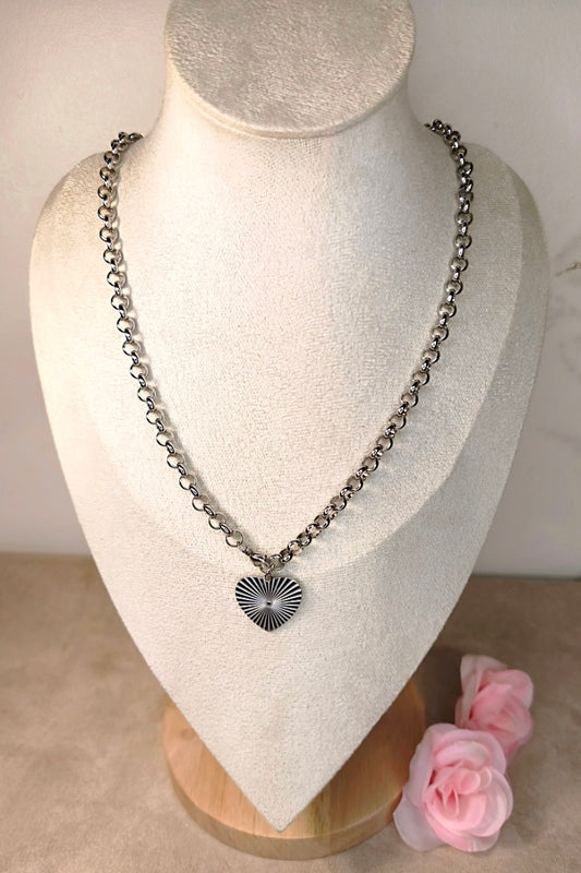 Collier Acier Inoxydable Chaîne Maillons Cœur Rayonnant - Rêve de Rose