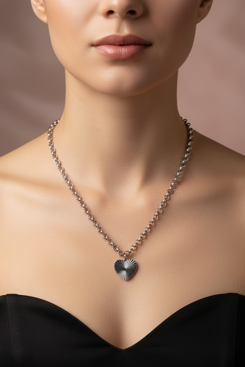 Collier Acier Inoxydable Chaîne Maillons Cœur Rayonnant - Rêve de Rose
