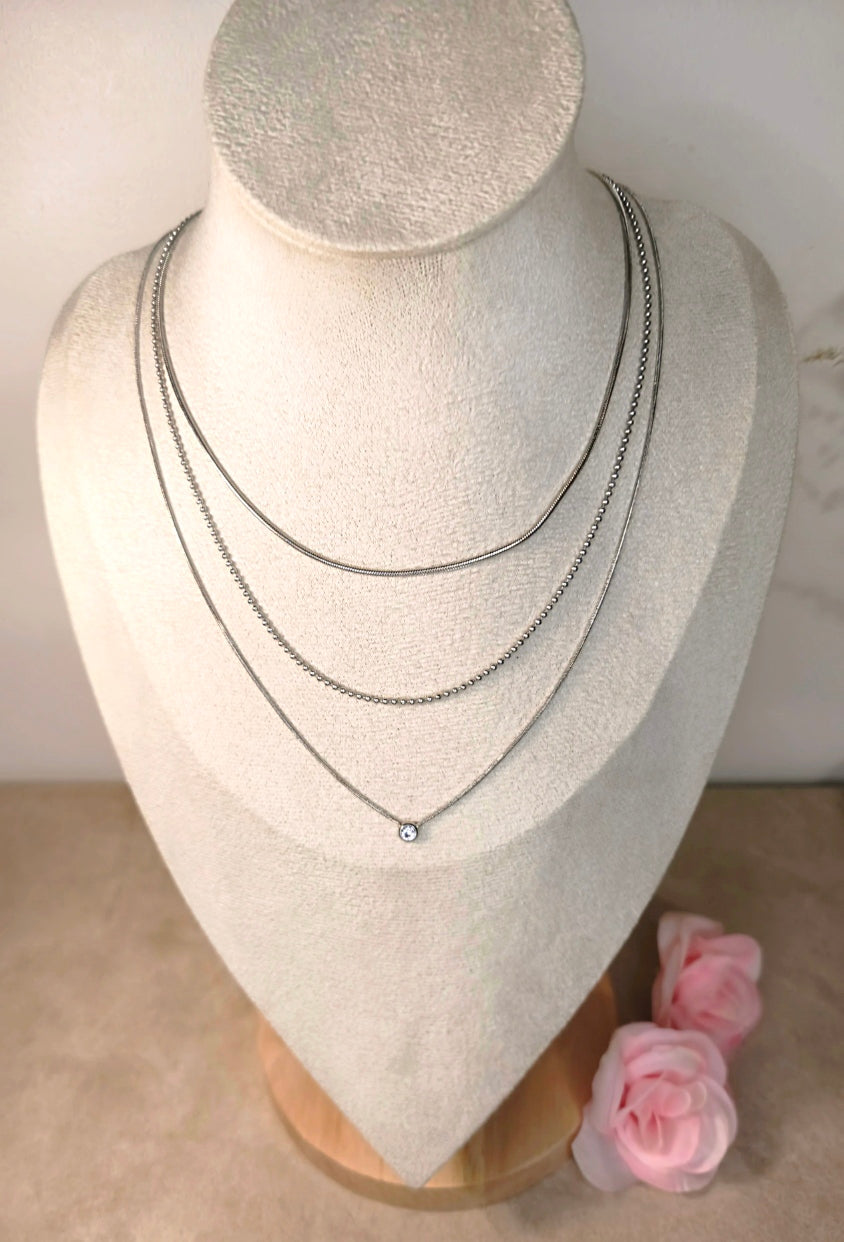 Collier Acier Inoxydable Triple Chaîne Cristal - Rêve de Rose
