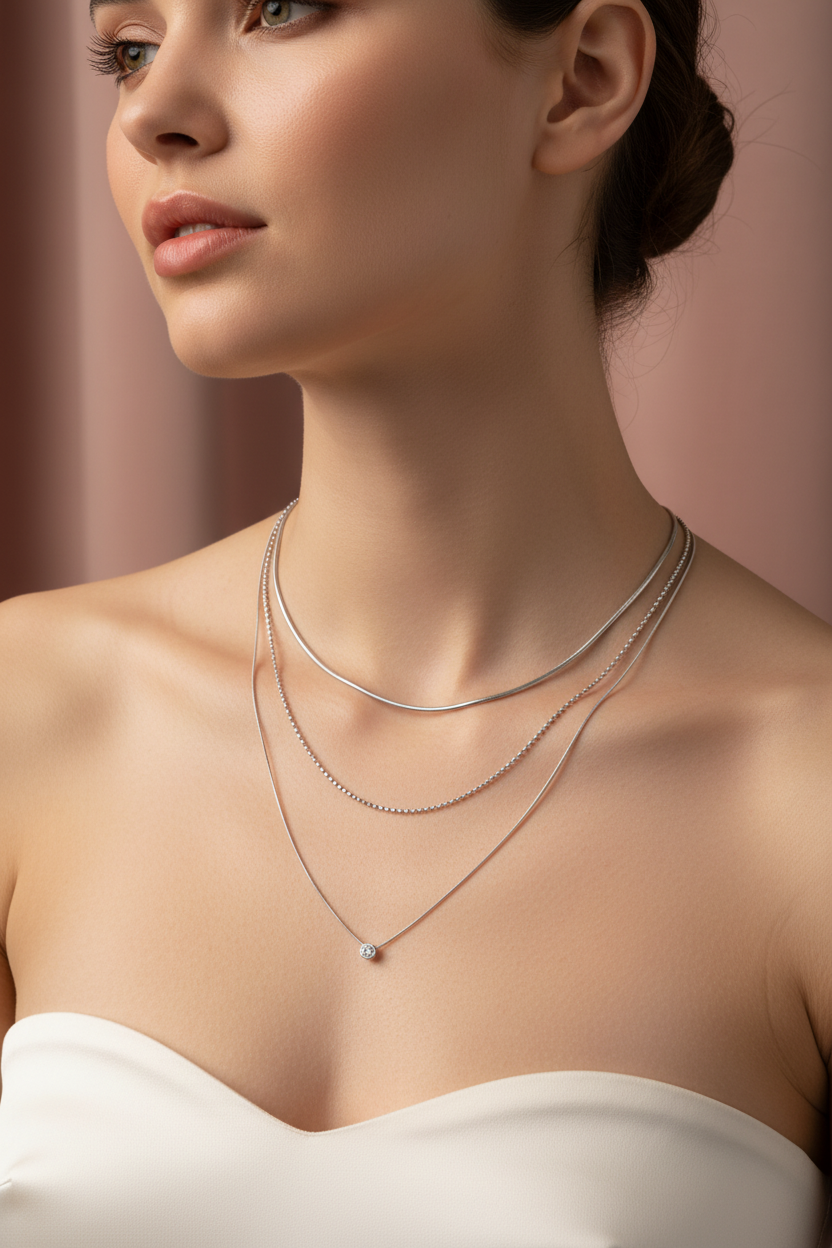 Collier Acier Inoxydable Triple Chaîne Cristal - Rêve de Rose
