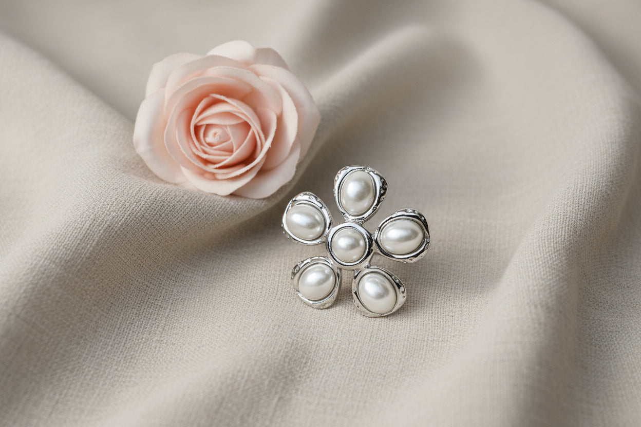 Bague Fleur Perles Ajustable Acier Inoxydable Argenté - Rêve de Rose