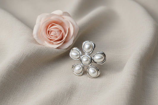 Bague Fleur Perles Ajustable Acier Inoxydable Argenté - Rêve de Rose