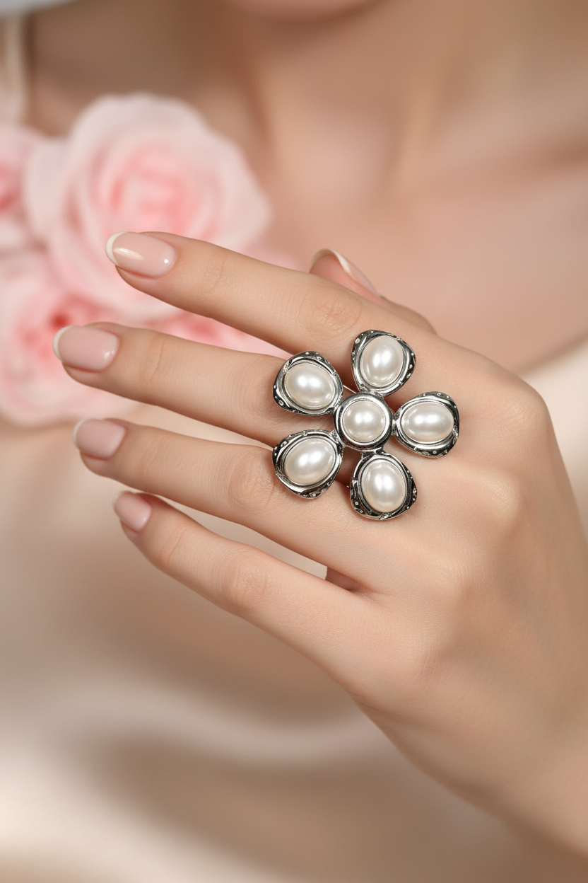 Bague Fleur Perles Ajustable Acier Inoxydable Argenté - Rêve de Rose