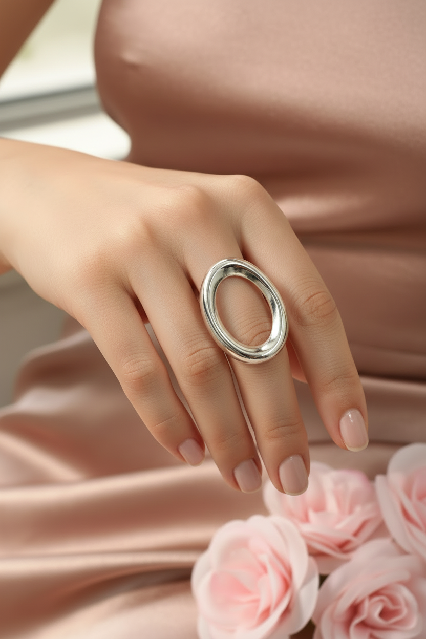 Bague Ovale Ajustable Acier Inoxydable Argenté - Rêve de Rose