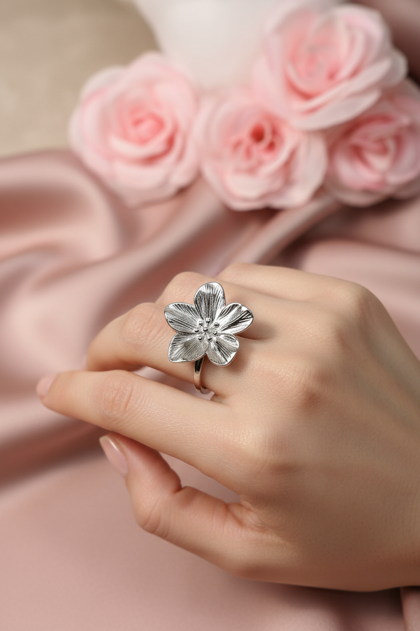 Bague Réglable Fleur Acier Inoxydable Argenté - Rêve de Rose
