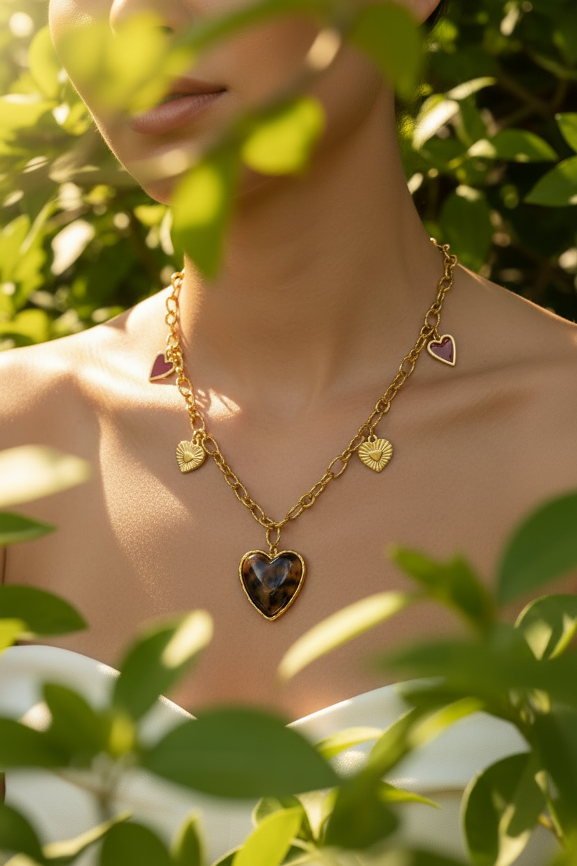 Femme portant un collier grosse chaîne dorée avec 5 pendentifs cœurs dont un gros au motif léopard - Rêve de Rose